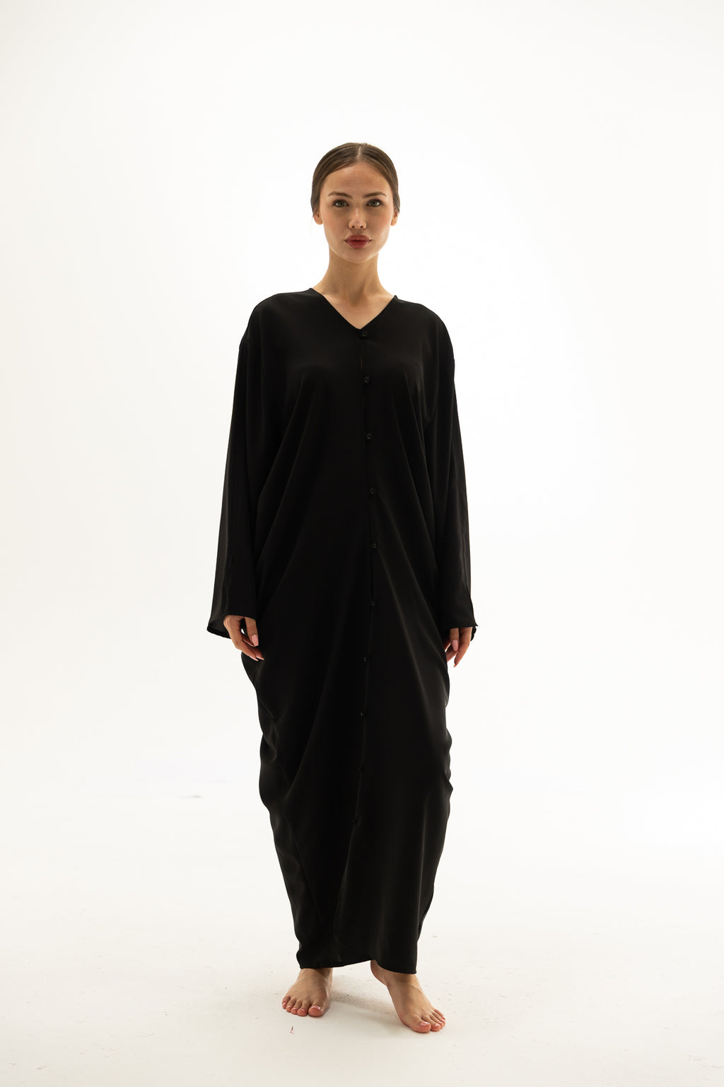 Siyah Önü Düğmeli Elbise Kimono