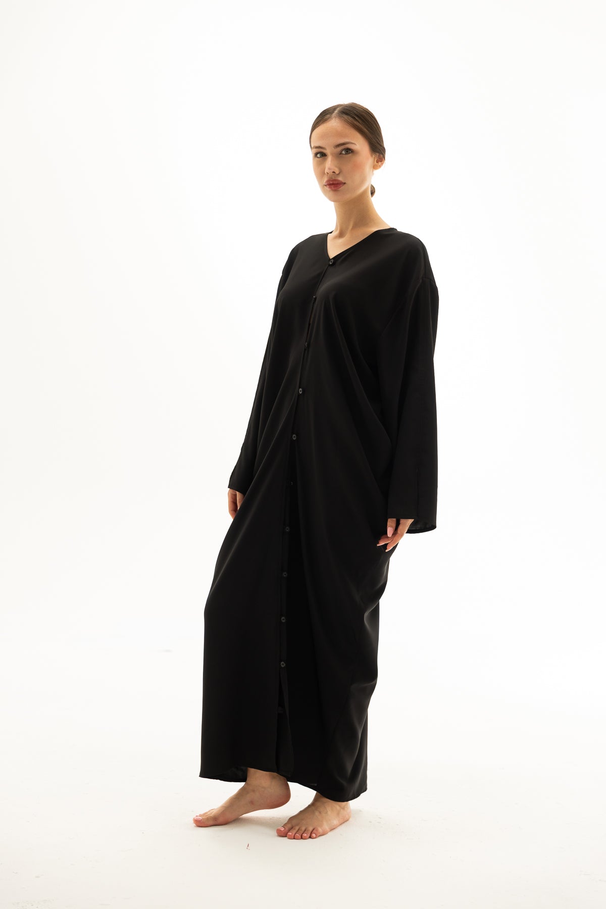 Siyah Önü Düğmeli Elbise Kimono