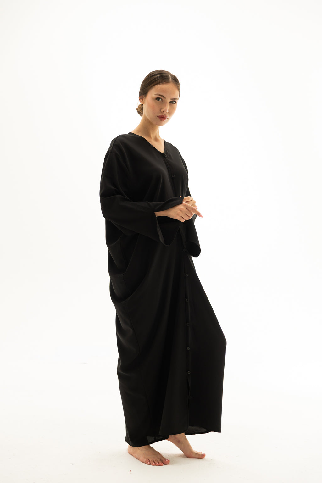 Siyah Önü Düğmeli Elbise Kimono
