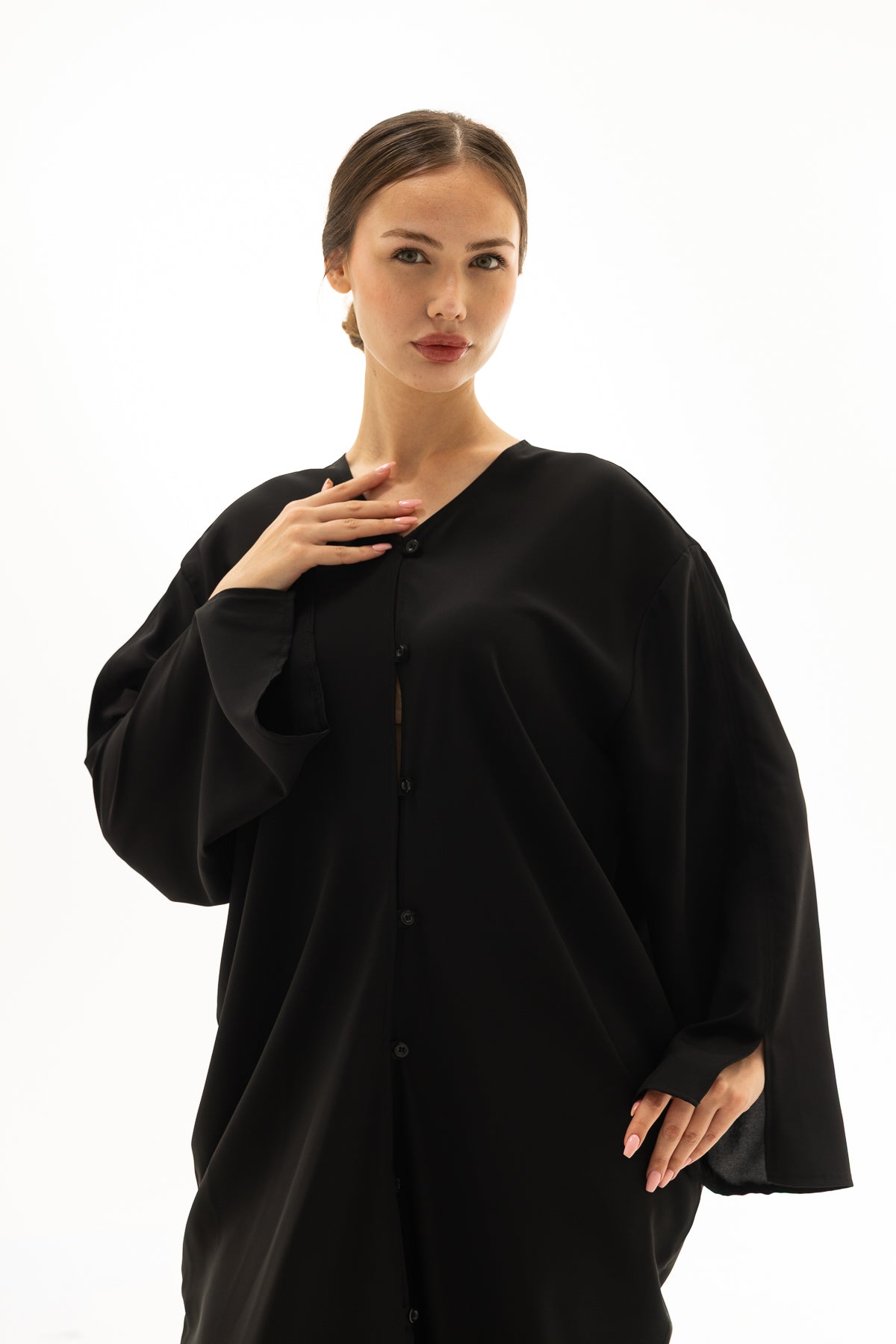 Siyah Önü Düğmeli Elbise Kimono