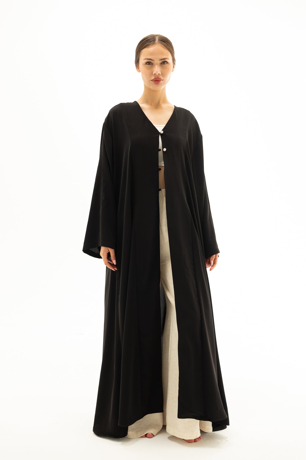 Siyah Önü Düğmeli Abaya Elbise Kimono