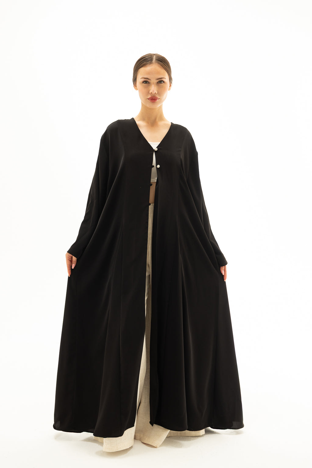 Siyah Önü Düğmeli Abaya Elbise Kimono