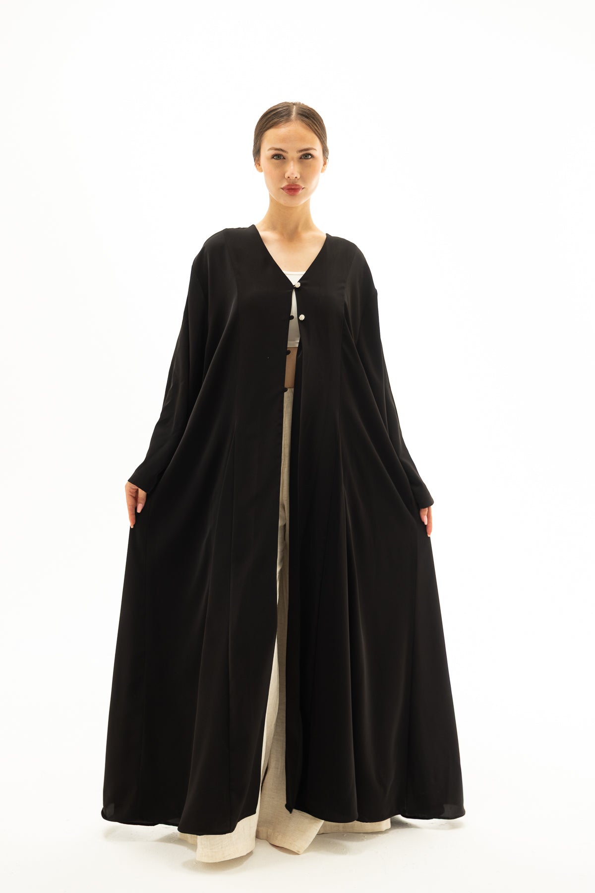 Siyah Önü Düğmeli Abaya Elbise Kimono