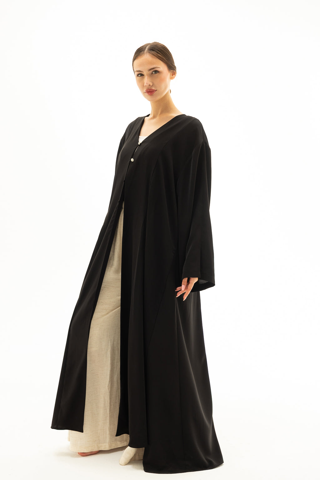 Siyah Önü Düğmeli Abaya Elbise Kimono