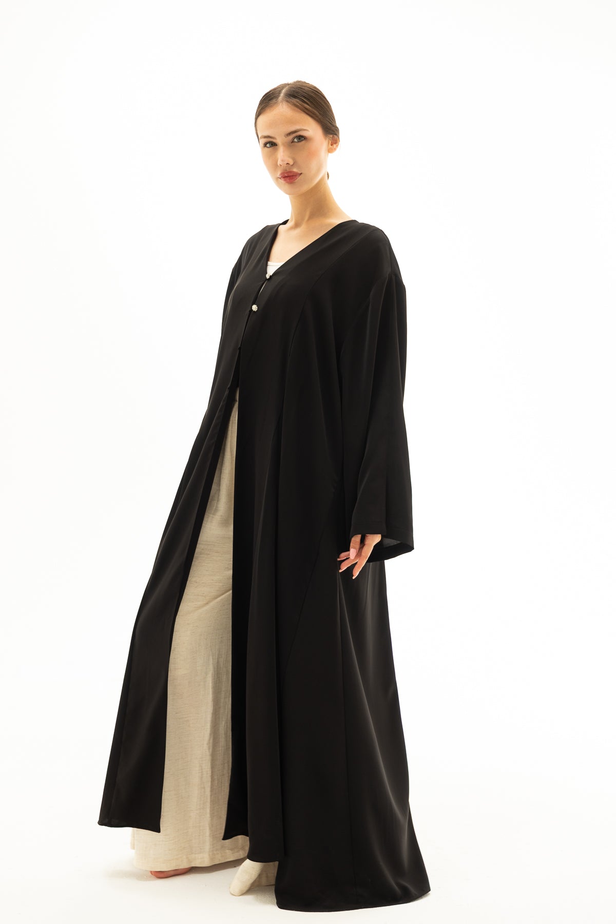 Siyah Önü Düğmeli Abaya Elbise Kimono