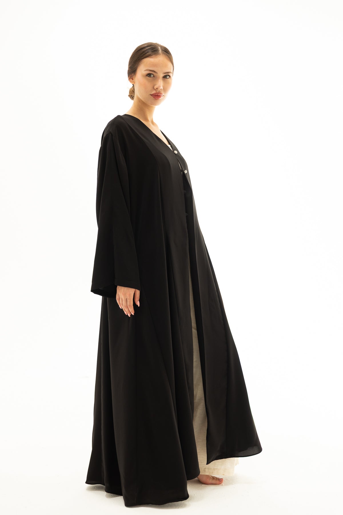 Siyah Önü Düğmeli Abaya Elbise Kimono