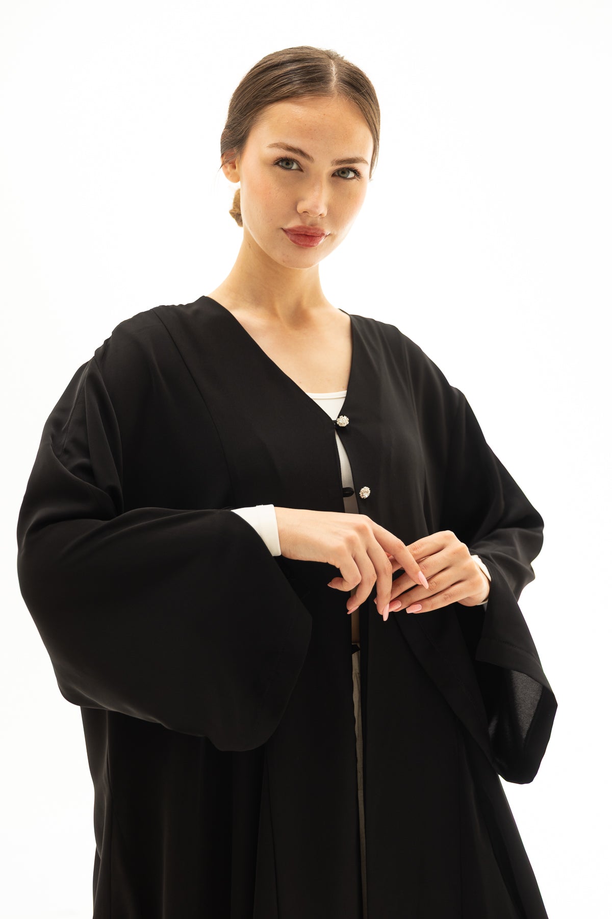 Siyah Önü Düğmeli Abaya Elbise Kimono