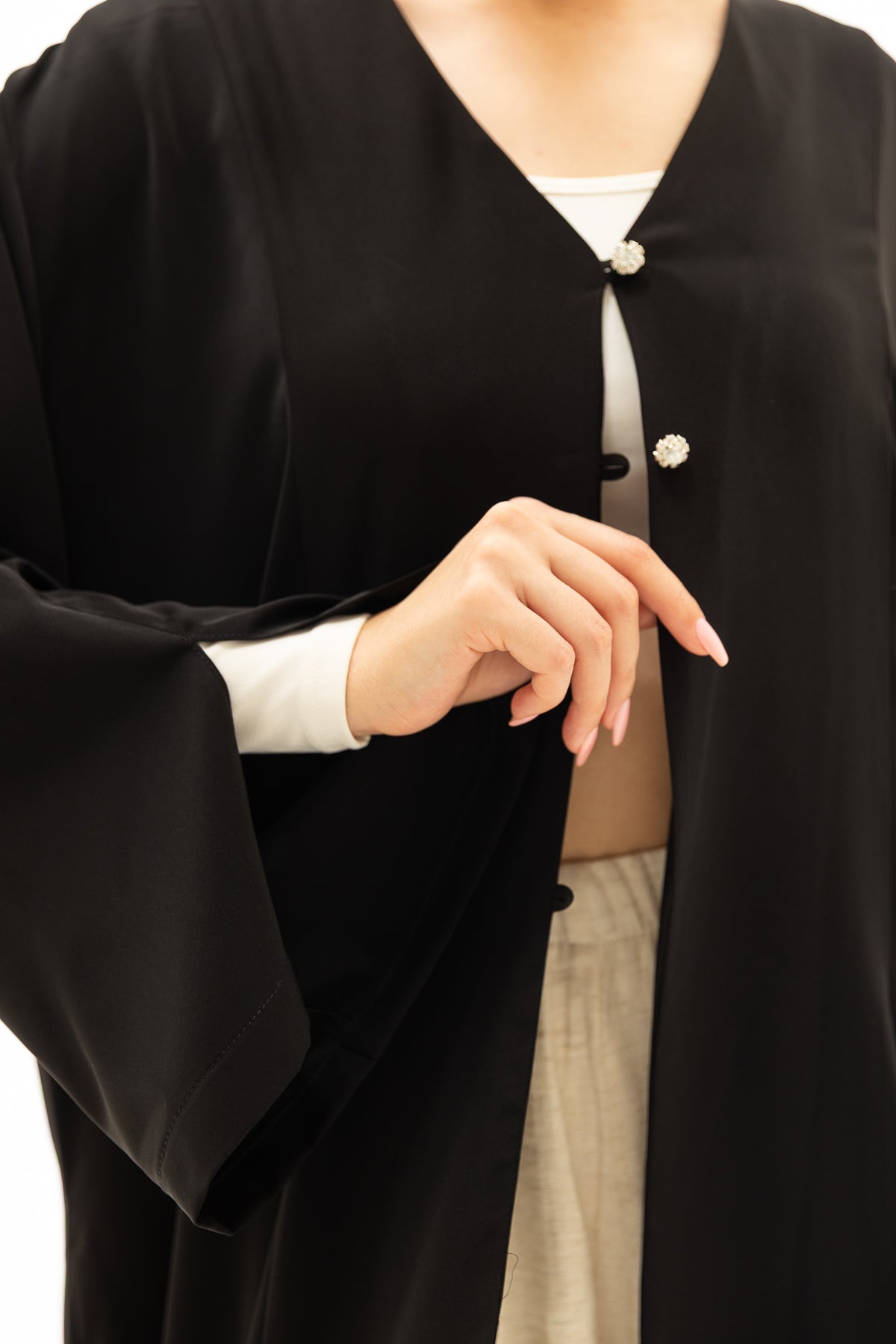Siyah Önü Düğmeli Abaya Elbise Kimono