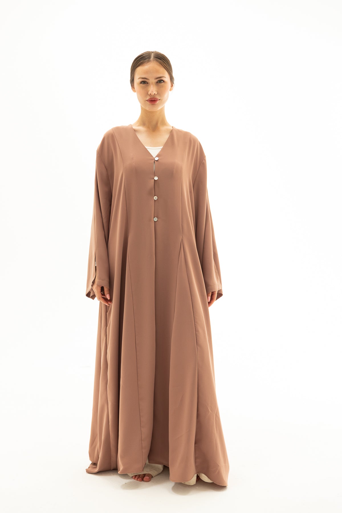 Vison Rengi Önü Düğmeli Abaya Elbise Kimono