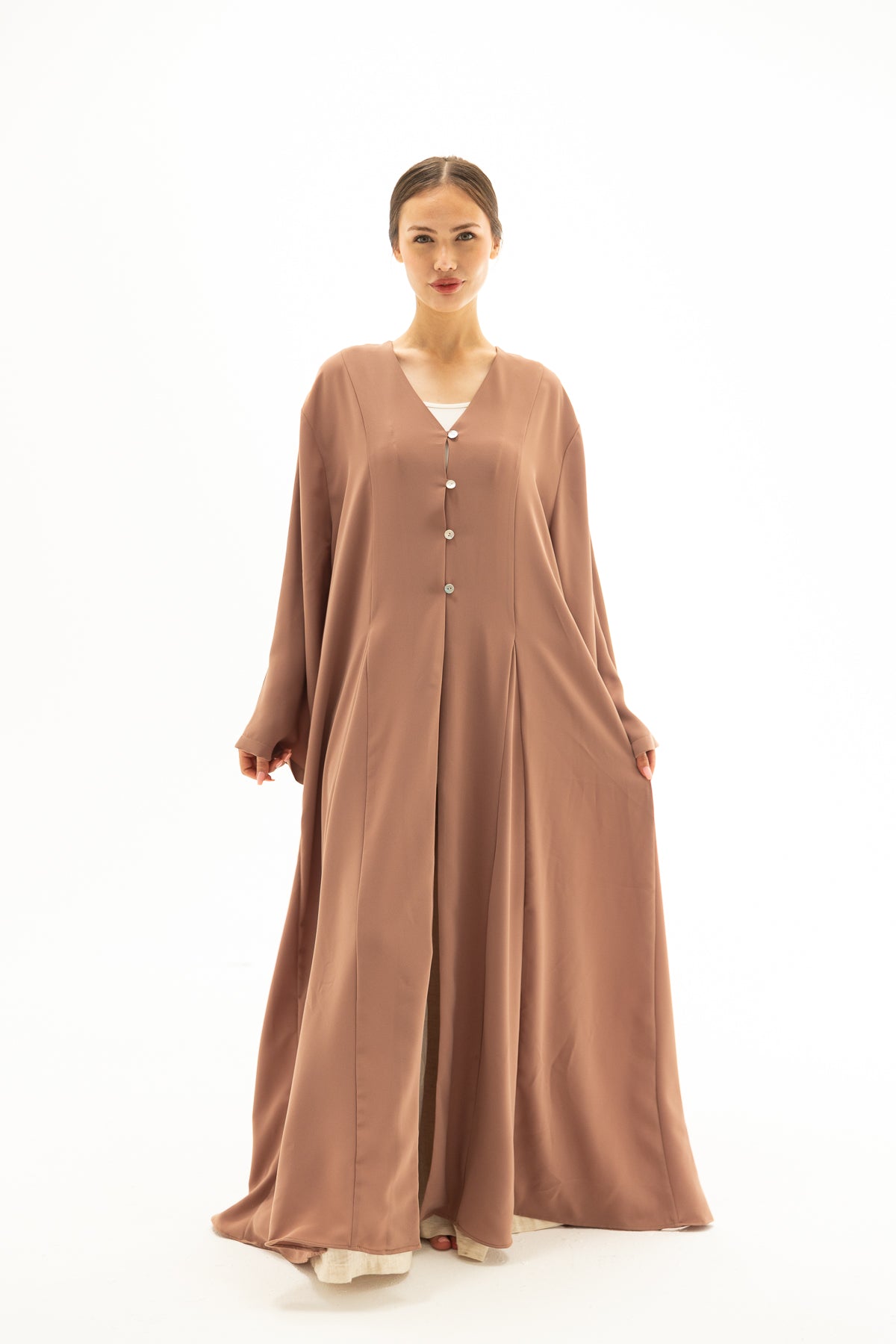 Vison Rengi Önü Düğmeli Abaya Elbise Kimono