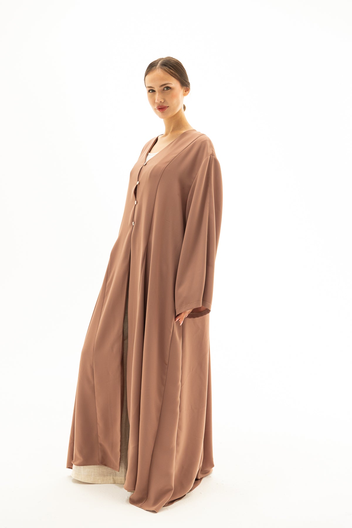 Vison Rengi Önü Düğmeli Abaya Elbise Kimono