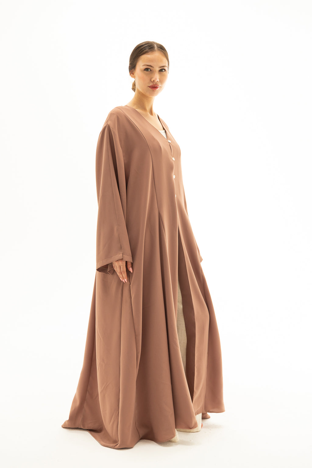 Vison Rengi Önü Düğmeli Abaya Elbise Kimono