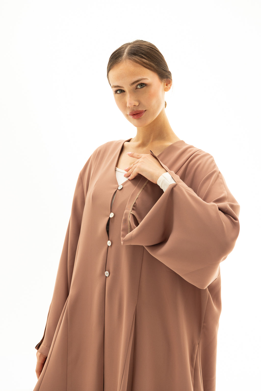 Vison Rengi Önü Düğmeli Abaya Elbise Kimono