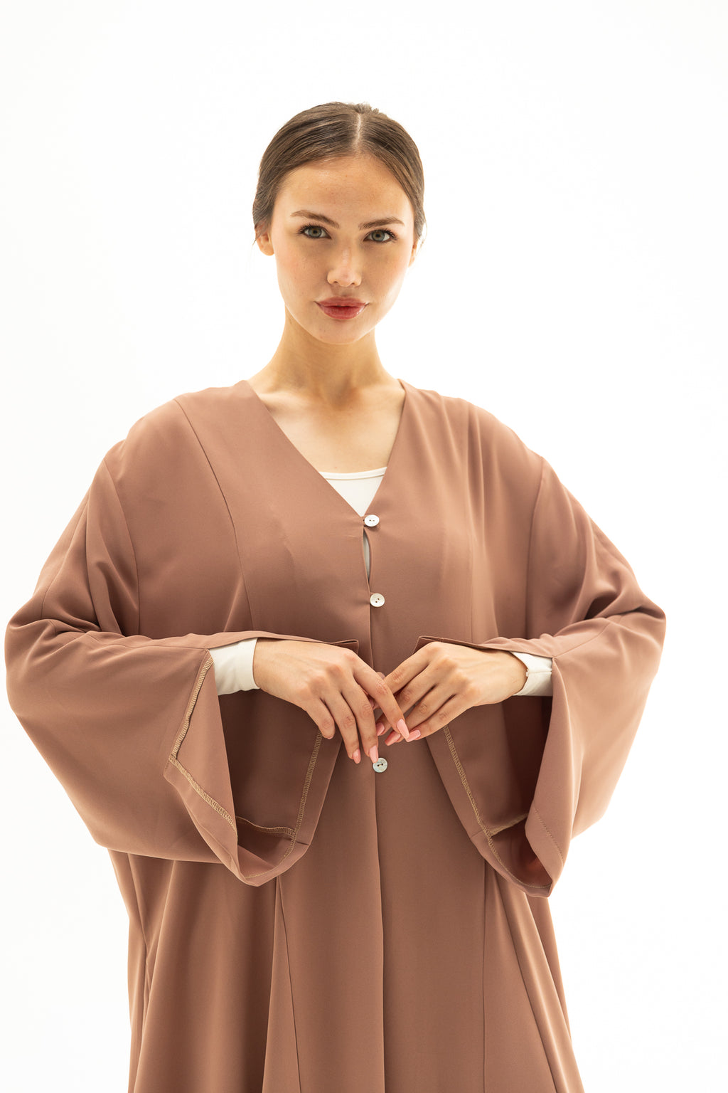 Vison Rengi Önü Düğmeli Abaya Elbise Kimono