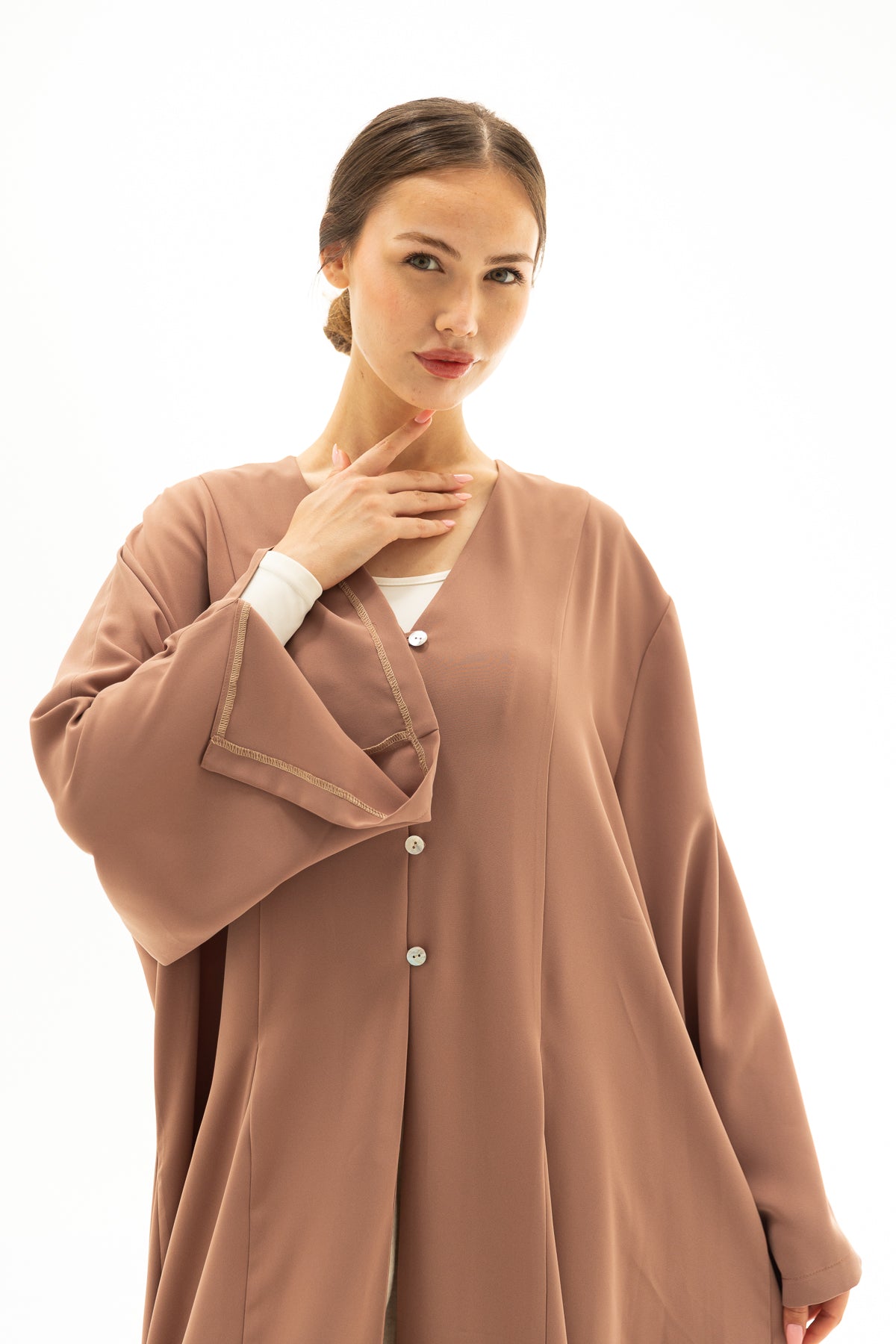 Vison Rengi Önü Düğmeli Abaya Elbise Kimono