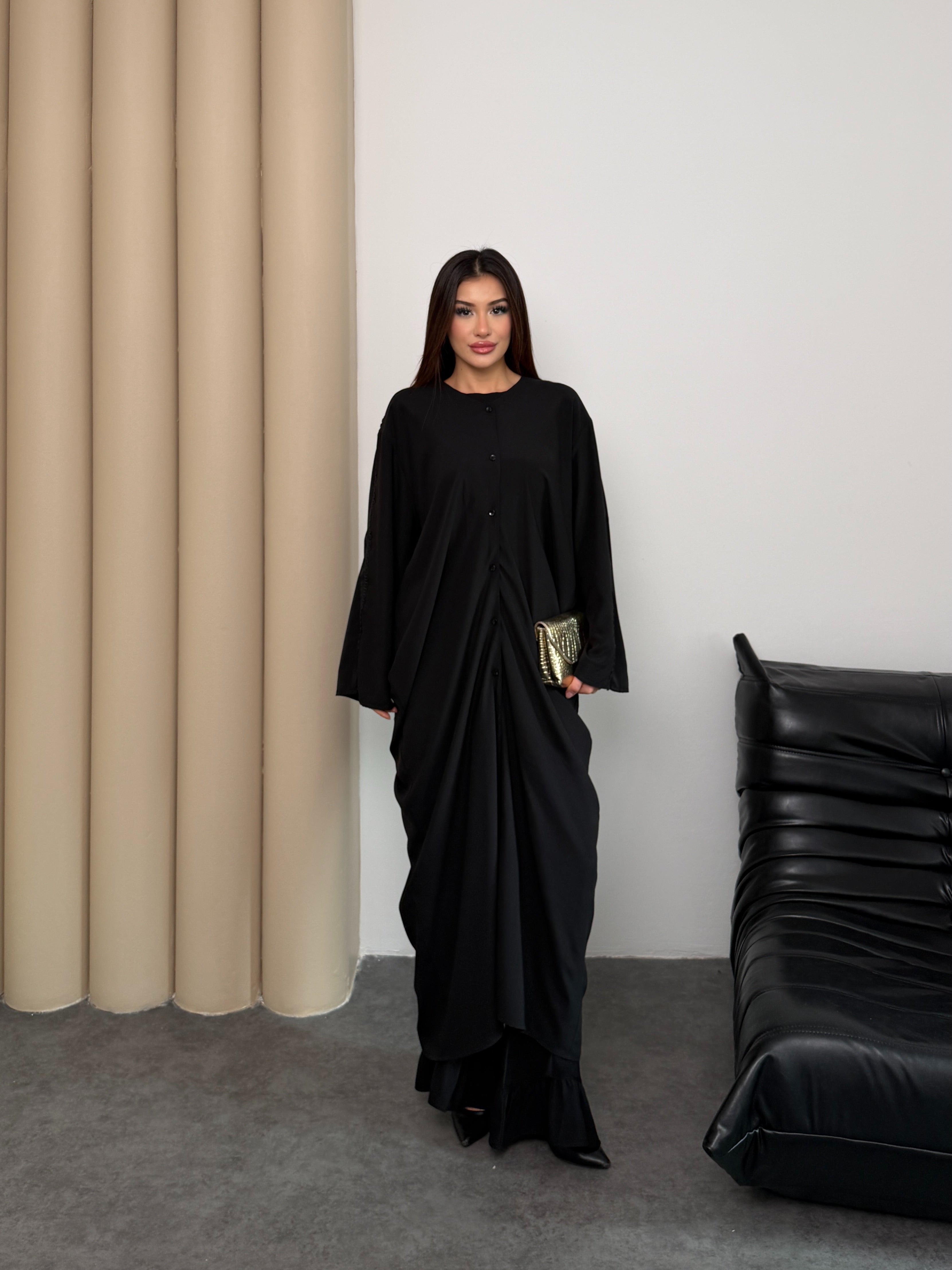 Siyah Yanları Degaje Abaya Dubai Krep Kumaş