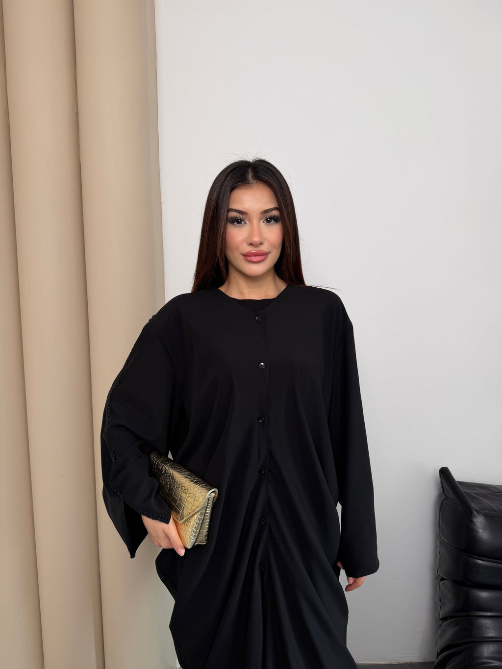 Siyah Yanları Degaje Abaya Dubai Krep Kumaş