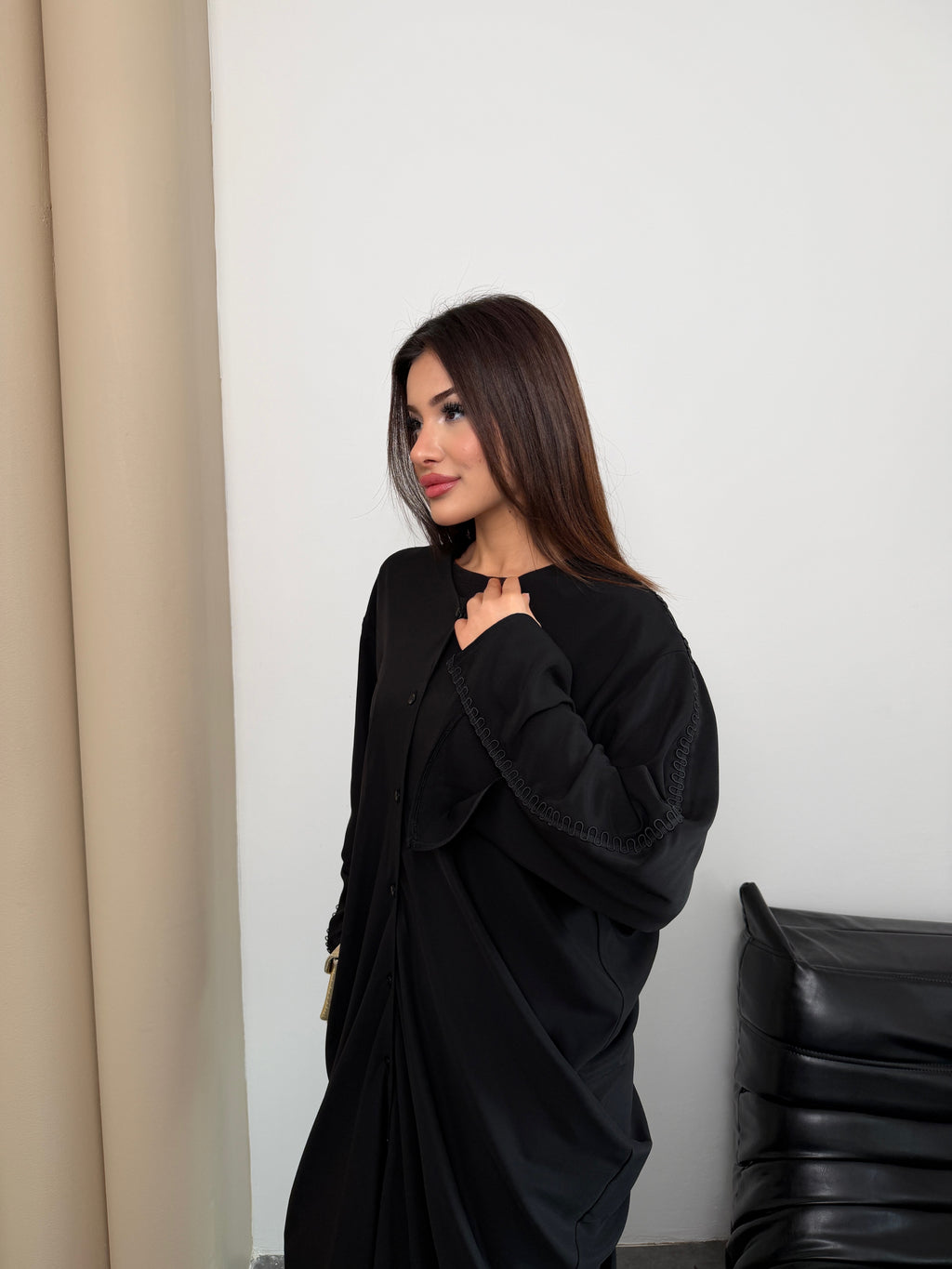 Siyah Yanları Degaje Abaya Dubai Krep Kumaş