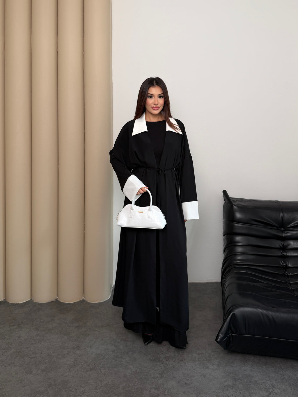 Siyah Dubai Krep Gömlek Yaka Ferace