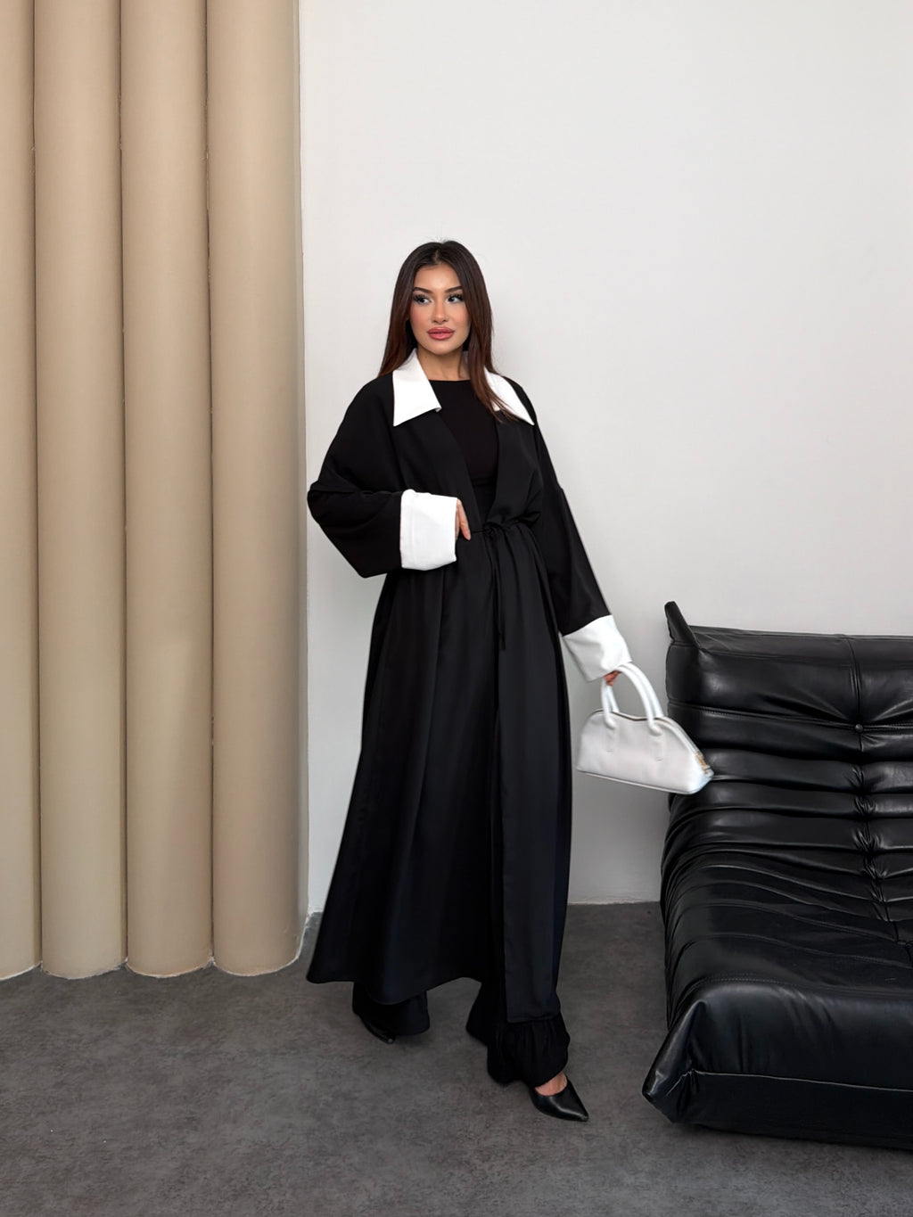 Siyah Dubai Krep Gömlek Yaka Ferace