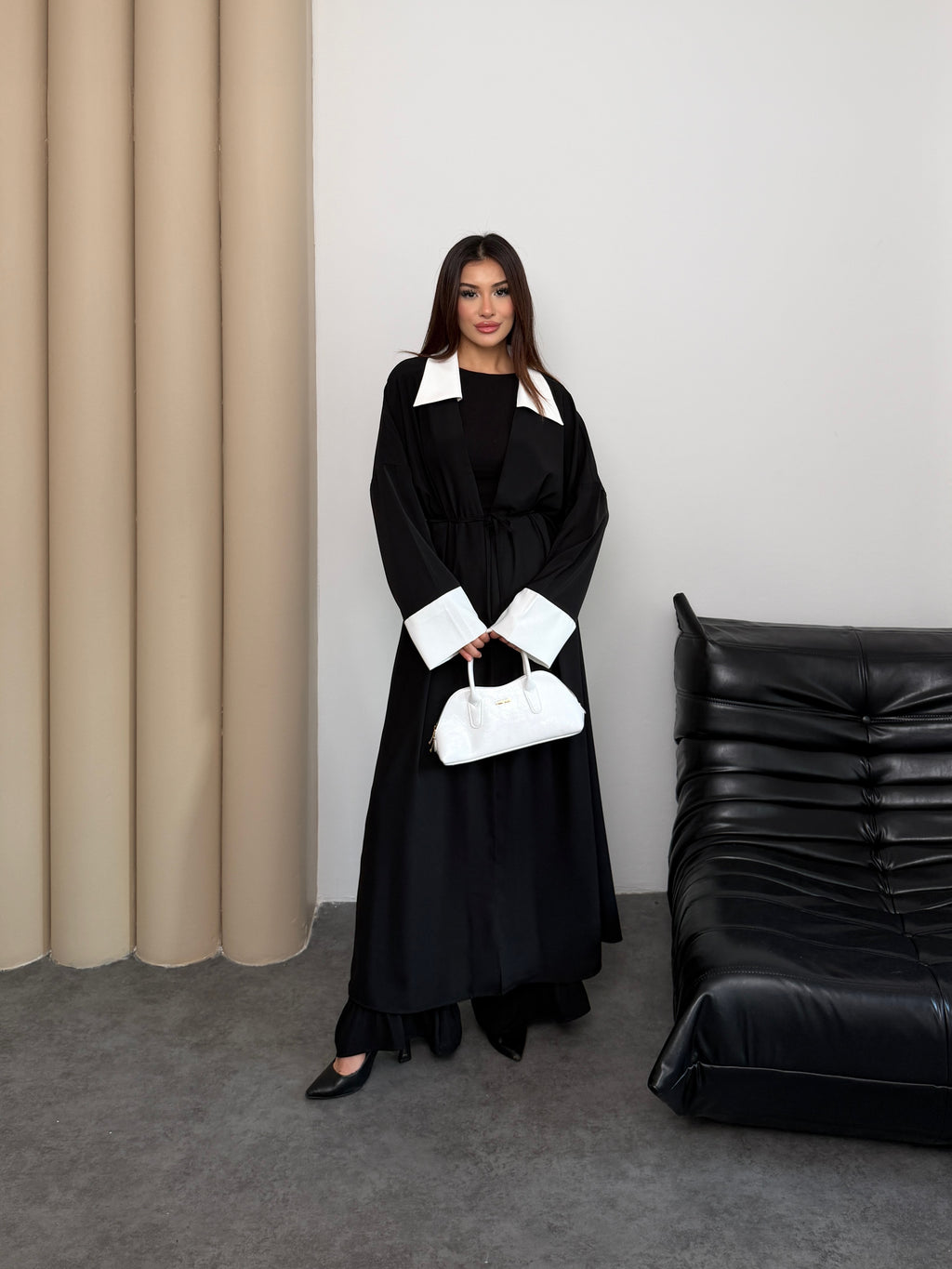 Siyah Dubai Krep Gömlek Yaka Ferace