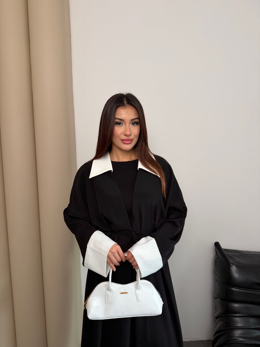 Siyah Dubai Krep Gömlek Yaka Ferace