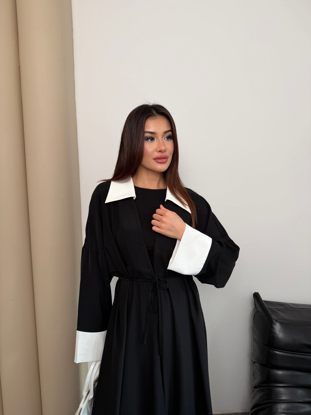 Siyah Dubai Krep Gömlek Yaka Ferace