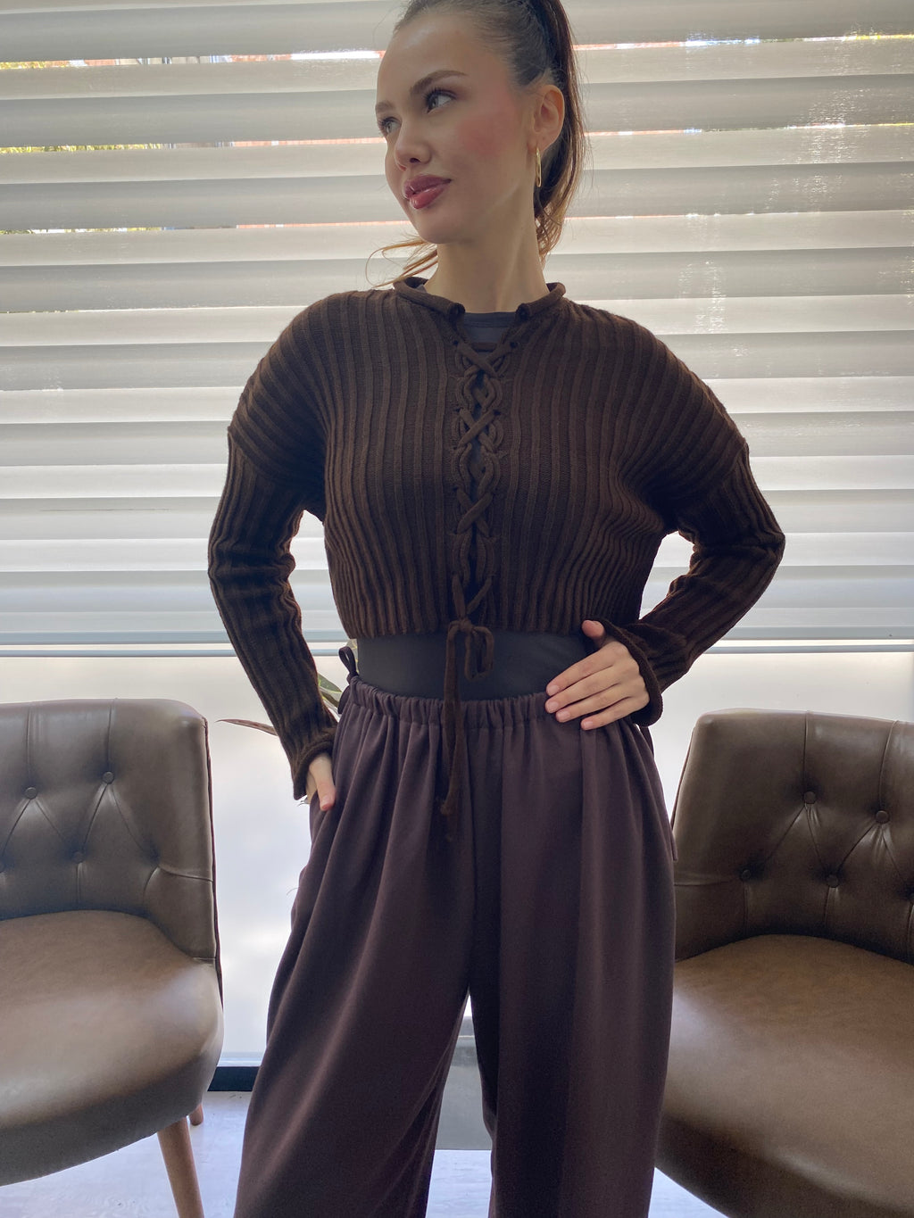 Kahverengi Kadın Crop Kazak