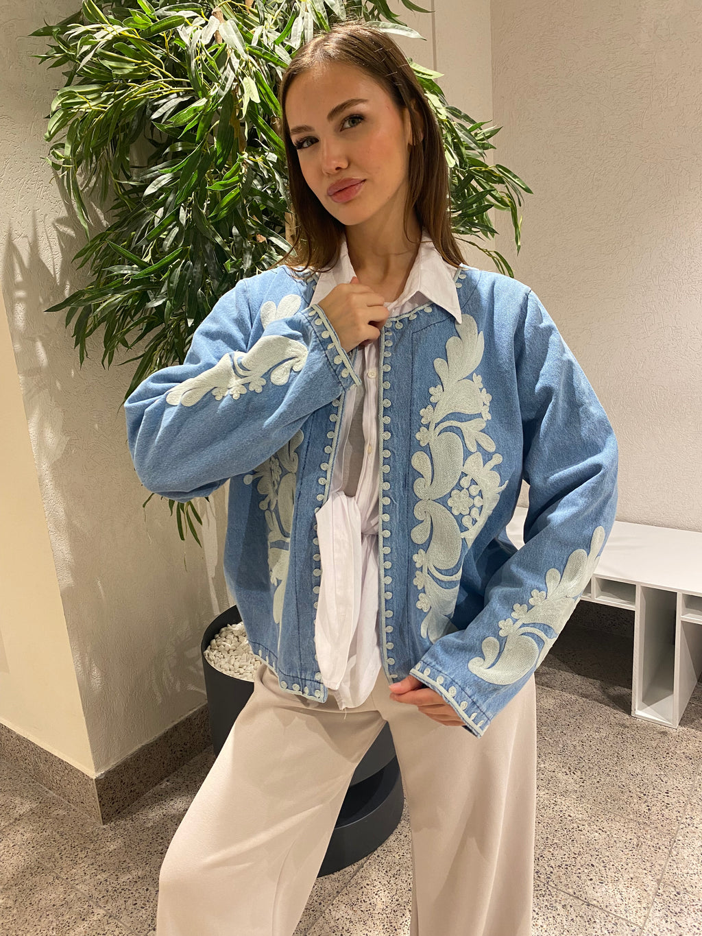 Nakışlı Standart Beden Kadın Denim Ceket