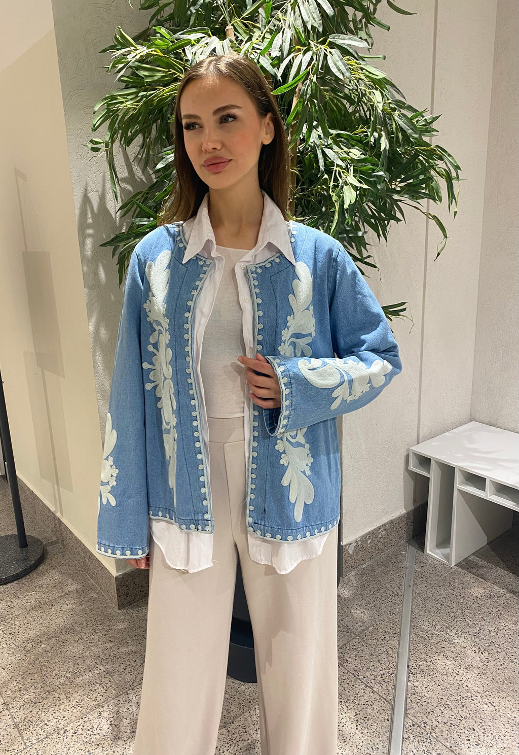 Nakışlı Standart Beden Kadın Denim Ceket